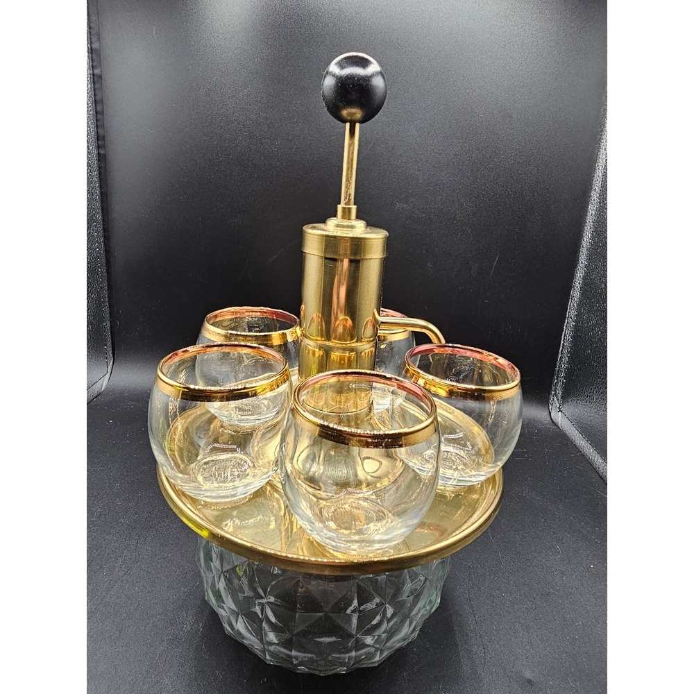 Vintage Park Industries Brass Pump Liquor Dispenser Set 6 Gold Rim Shot Glasses